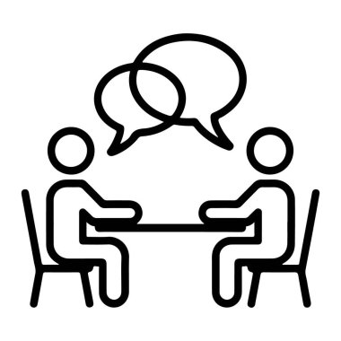 Sohbet eden iki kişiyi gösteren basit bir çizgi sanat simgesi, üst üste binen konuşma baloncuklarıyla sembolize ediliyor..