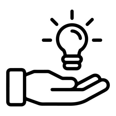 Parlak, aydınlık bir ampulü destekleyen, yenilik ve yaratıcılığı sembolize eden, açık bir elin minimalist çizgi sanat simgesi..