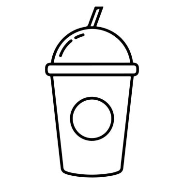 İçecekler için tek kullanımlık bir bardağın minimalist siyah beyaz çizimi, bir pipet ve kapak içerir.