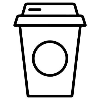 Yan tarafında dairesel amblem olan minimalist siyah beyaz bir kahve fincanı çizimi..