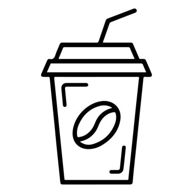 Tek kullanımlık kahve fincanının kapağı, pipet ve kahve çekirdeği logosunun minimalist siyah beyaz çizimi..