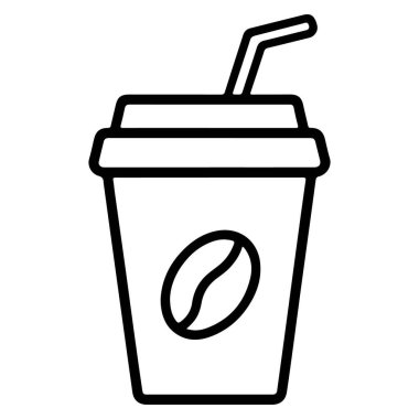 Tek kullanımlık kahve fincanı, pipet ve kahve çekirdeği logosunun minimalist siyah beyaz çizimi..