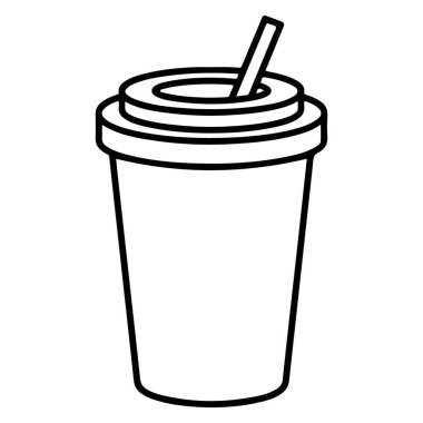 İçecekler için pipet ve kapaklı tek kullanımlık bir bardağın minimalist siyah beyaz çizgisi..