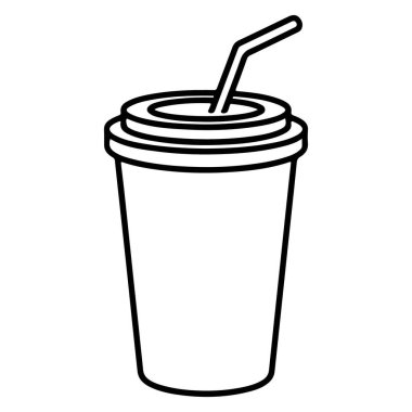 Tek kullanımlık bir bardağın siyah beyaz çizimi. Kapağı ve pipetle birlikte..