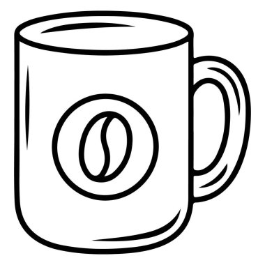 Yanlarında yuvarlak kahve çekirdeği logosu olan bir fincanın siyah ve beyaz çizimi..