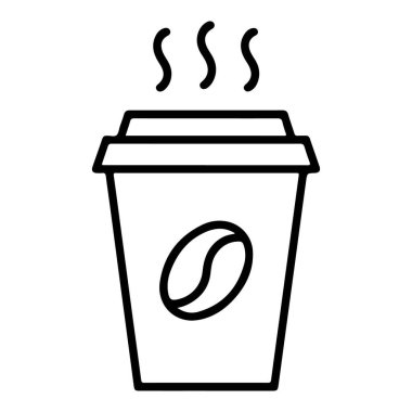 Tek kullanımlık kahve fincanının minimalist ana hatları. Buhar yükseliyor ve kahve çekirdeği sembolü var..