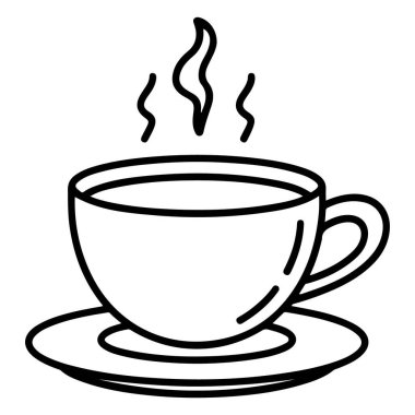 Bir minimalist siyah beyaz çizgi, yükselen buharlı bardakta sıcak bir içecek tasvir eder..