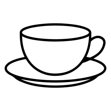 Klasik çay fincanı ve çay tabağının minimalist siyah beyaz çizimi, tasarım elementleri için mükemmel..