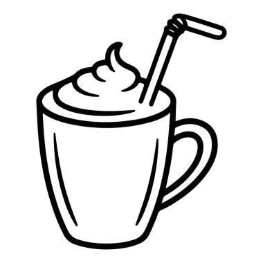 Krem şantili ve pipetli bir içecekle dolu bir fincanın el çizimi, siyah beyaz tasviri..