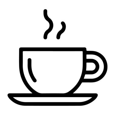 Minimalist siyah beyaz bir çizgi, çay tabağının üzerindeki bir bardaktan yükselen buharlı sıcak bir içecek tasvir eder..