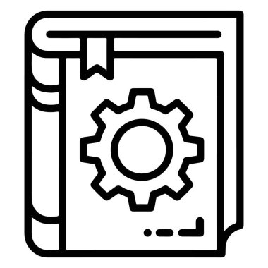 Sayfalarında çark olan açık bir kitabın stilize edilmiş siyah-beyaz simgesi, teknik belgeleri ya da el kitabını simgeliyor..