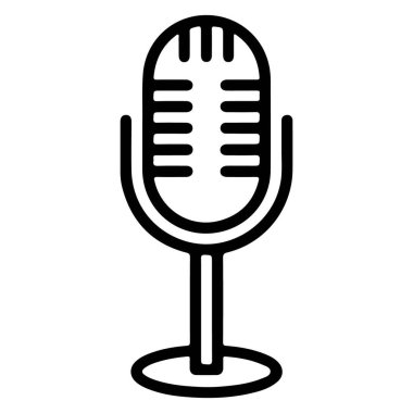 Standın üzerinde klasik bir retro mikrofonun basit siyah beyaz çizgili sanat simgesi.
