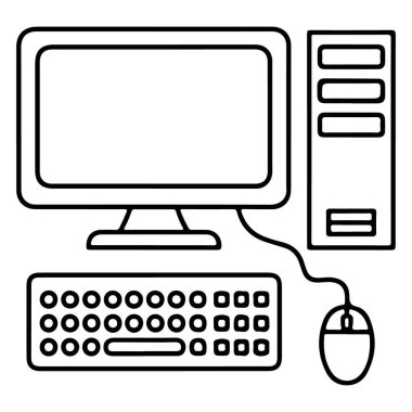 Tam bir masaüstü bilgisayar kurulumunun minimalist siyah beyaz taslak çizimi.