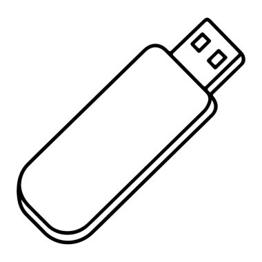 Bir USB flaş belleğin minimalist siyah-beyaz çizimi, temiz ve izole bir şekilde sunulmuştur..