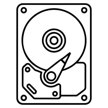 Geleneksel bir bilgisayar sabit diskinin iç bileşenlerini gösteren minimalist çizgi çizgisi çizimi.