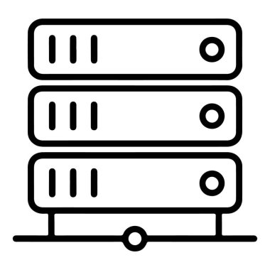 Verileri sembolize eden, üç üst üste dizilmiş sunucu birimini tasvir eden bir minimalist çizgi çizimi.