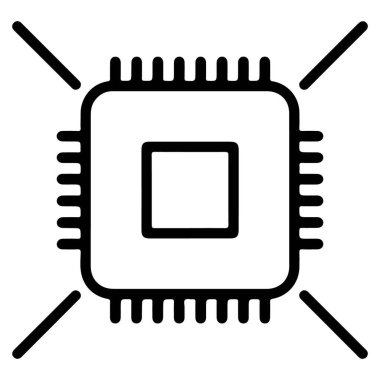 Bağlantı noktaları yayılan merkezi bir işleme ünitesinin minimalist siyah beyaz çizimi.
