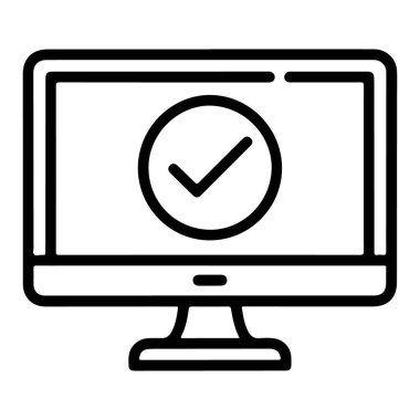 Bir bilgisayar monitörünün basit bir satır resim simgesi, tamamlamayı veya doğrulamayı simgeleyen işaretlenmiş bir çember gösterir.