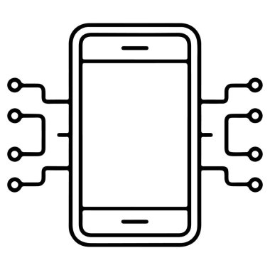 Çevrelerinden dijital bağlantıyı sembolize eden devreleri olan bir akıllı telefonun minimalist çizgi sanat simgesi.
