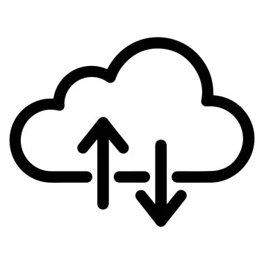 Okları yükleme ve indirme ile bulut veri transferini temsil eden basit bir siyah ve beyaz çizgi simgesi.