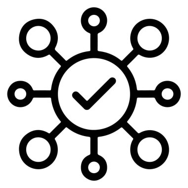 Çoklu düğümlere bağlı merkezi bir noktayı temsil eden biçimlendirilmiş bir simge, onay veya tamamlamayı gösterir.