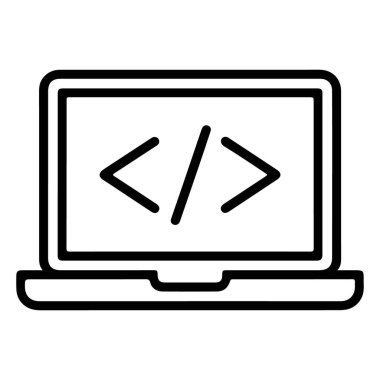 Bir dizüstü bilgisayarın ekranında kod sembolleri gösteren basit bir siyah beyaz çizgi resim simgesi.
