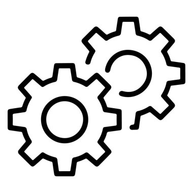 Mekanik, endüstri ve işbirliğini temsil eden birbirine kenetlenmiş iki vites içeren basit bir çizgi sanat simgesi.