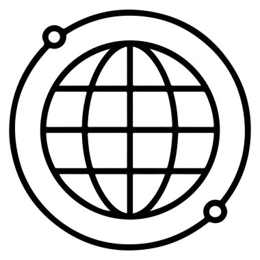 Yörünge çizgileri ve bağlantı noktaları olan bir dünyayı tasvir eden minimalist siyah beyaz çizgi sanat simgesi.