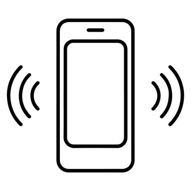Yan taraflarından hafif titreşim dalgaları yayılan bir akıllı telefonun minimalist çizgili sanat tasarımı. Bu tasarım, modern mobil teknolojinin sürekli varlığını ve bildirimlerini temsil eden tişörtler için mükemmeldir..