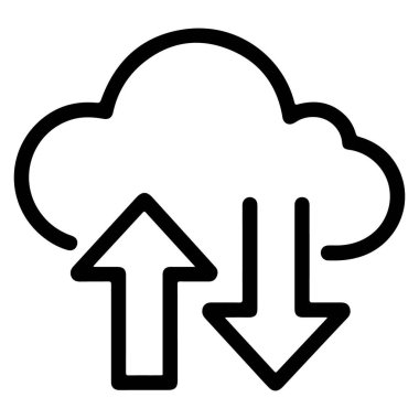 Veri yükleme ve indirmeyi gösteren okları olan bir bulut tasvir eden basit bir ana hat simgesi.