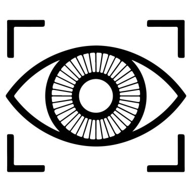 Kare odak çerçevesi içinde bir gözün siyah ve beyaz grafiği, görüşü ya da taramayı sembolize eder.