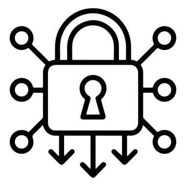 Güvenliği temsil eden, veri transferini gösteren aşağıya doğru okları olan bir ağa bağlı biçimlendirilmiş bir asma kilit simgesi.