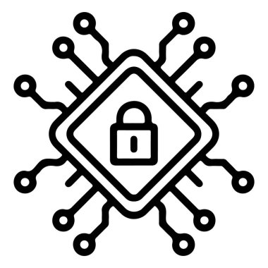 Ağ bağlantılarıyla çevrili asma kilitli bir mikroçipin biçimlendirilmiş bir simgesi.