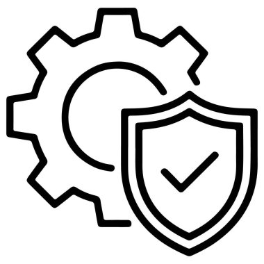 Kontrol işaretli kalkanın yanındaki bir dişlinin ana simgesi, güvenli işlemleri ve sistem bütünlüğünü simgeliyor.