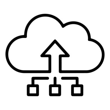 Yukarı doğru ok ve bağlı kutular ile bir bulutu tasvir eden bir minimalist çizgi sanat simgesi.