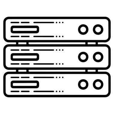 Yığılmış üç sunucu birimini gösteren basit bir çizgi çizimi simgesi, veri merkezlerini ve teknolojiyi sembolize ediyor.