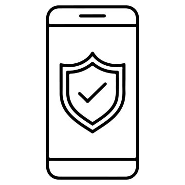 Akıllı telefonun basit bir resim simgesi. Kalkanı işaretli olarak gösteriyor. Korunma ve güvenliği gösteriyor..