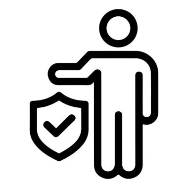 İşaretli bir kalkanın yanında duran kişinin basit bir çizgi resim simgesi, koruma ve güvenceyi simgeliyor..