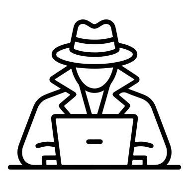 Şapka ve ceket giyen isimsiz bir kişi dizüstü bilgisayarda çalışır, gizlilik veya soruşturma önerir..