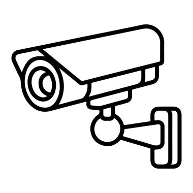 Siyah ve beyaz bir çizgi, bir duvar desteğine yerleştirilmiş bir güvenlik kamerasını resmediyor..