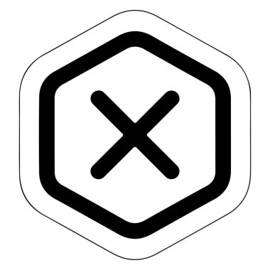 Merkezinde kalın, koyu siyah X sembolü olan minimalist bir siyah altıgen simgesi..