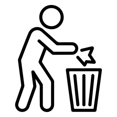 Atıkları çöp kutusuna atan bir kişinin basit çizgi resim simgesi.