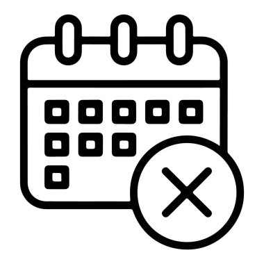 Çemberli ve çapraz çizgili bir takvimin basit bir çizgi resim simgesi, iptali veya kullanılabilir olmayan bir tarih anlamına gelir.