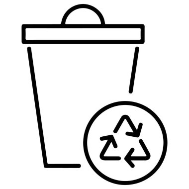 Dairesel geri dönüşüm sembolünün yanındaki çöp kutusunun minimalist çizimi.