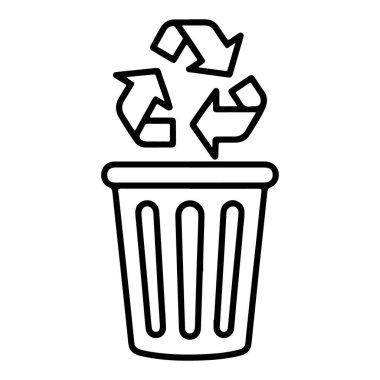 Geri dönüşüm sembolünün siyah-beyaz çizimi çöp tenekesinden çıkıyor..