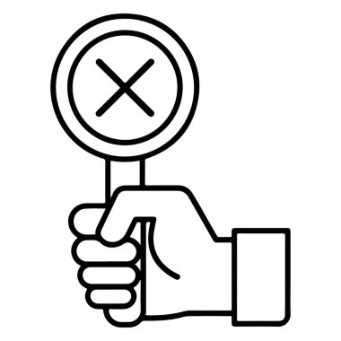 Geniş X sembollü yuvarlak bir işareti tutan bir elin basit çizimi, olumsuz bir tepkiyi simgeliyor..