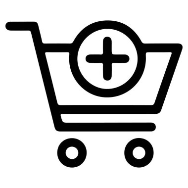 Çemberin içinde artı işareti olan bir alışveriş arabasının basit siyah beyaz çizgisi..