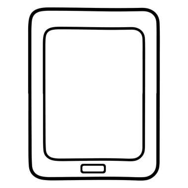 Yuvarlak köşeleri ve ev düğmesi olan dikdörtgen bir elektronik cihazın minimalist siyah beyaz çizimi..