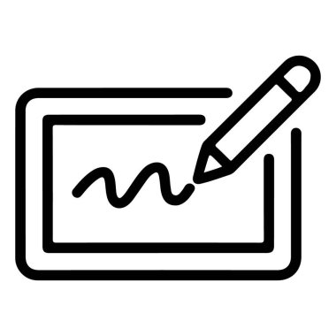 Dijital tablette bir belgeyi imzalayan bir stilus kalemi tasvir eden minimalist siyah beyaz simge.