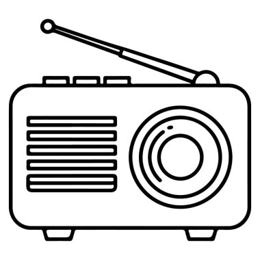 Hoparlör ve antenli eski moda bir radyonun basit bir siyah beyaz çizimi..